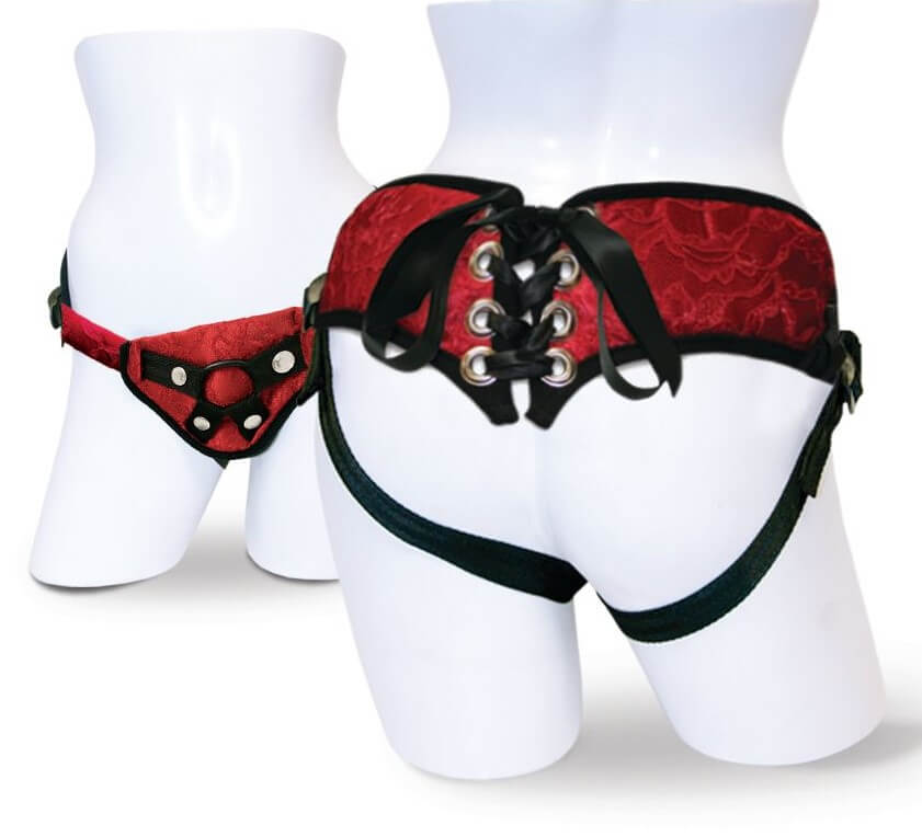 Трусики для страпона Sportsheets Red Lace Corsette Strap-on, красные